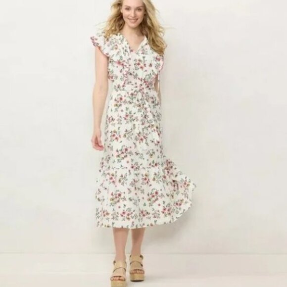 Lauren Conrad Women's Scalloped Ruffle Sleeve Floral Feminine Maxi Dress Size 2X - Picture 1 of 10